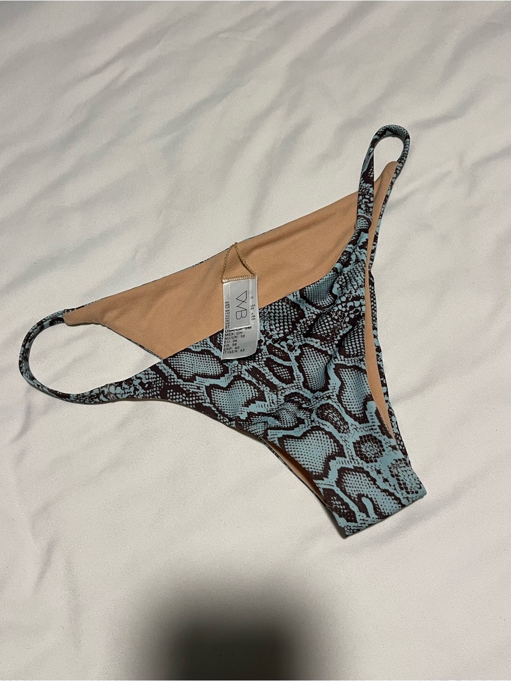 NWOT “Stevie” by VYB Swim Blue Snake-Print Bikini Bottom with Tan Lining